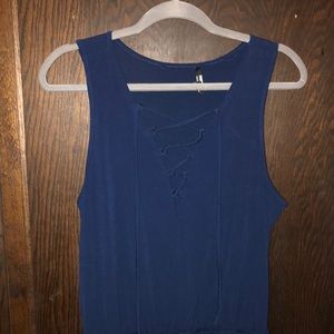Silky navy blue jumpsuit with lace up front